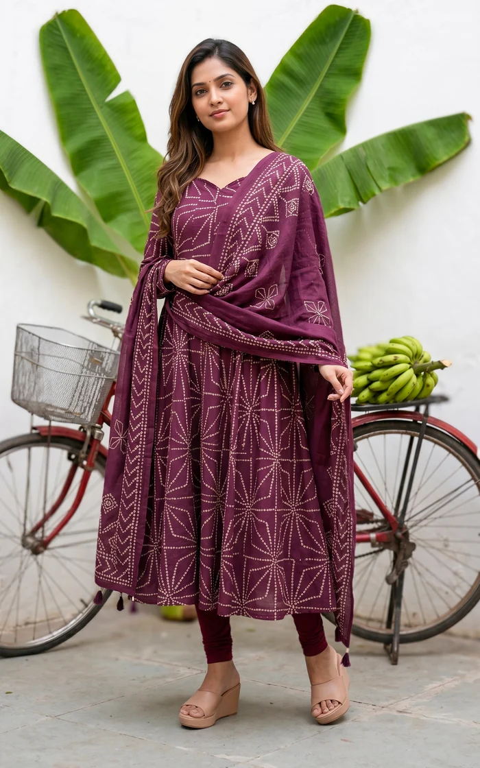 Jerisha Plum Bandhani Printed Anarkali (Kurti+Dupatta)